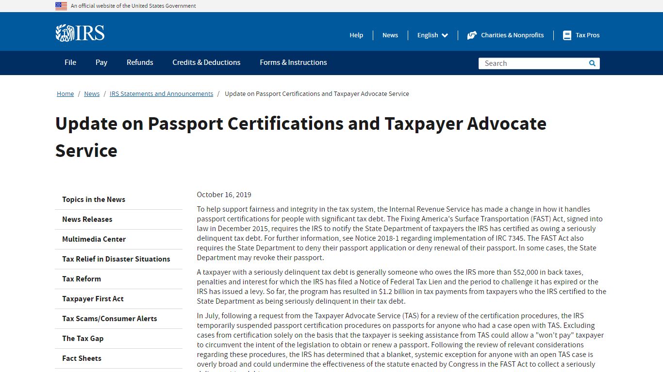 Update on Passport Certifications and Taxpayer Advocate Service